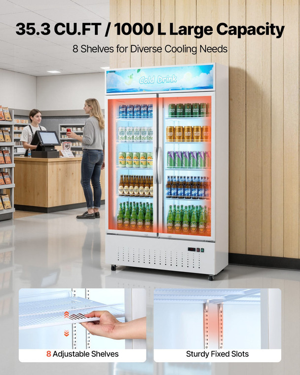 Commercial Merchandiser Refrigerator, 35.3 Cu.Ft / 1000L Upright Beverage Cooler, 2 Glass Door Disp E415-LSYLZSJSMDDXBGR80001V1