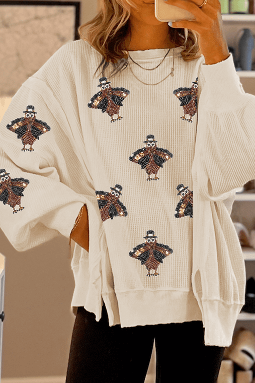 White Thanksgiving Turkey Waffle Oversized Knit Top T543-8798855921906