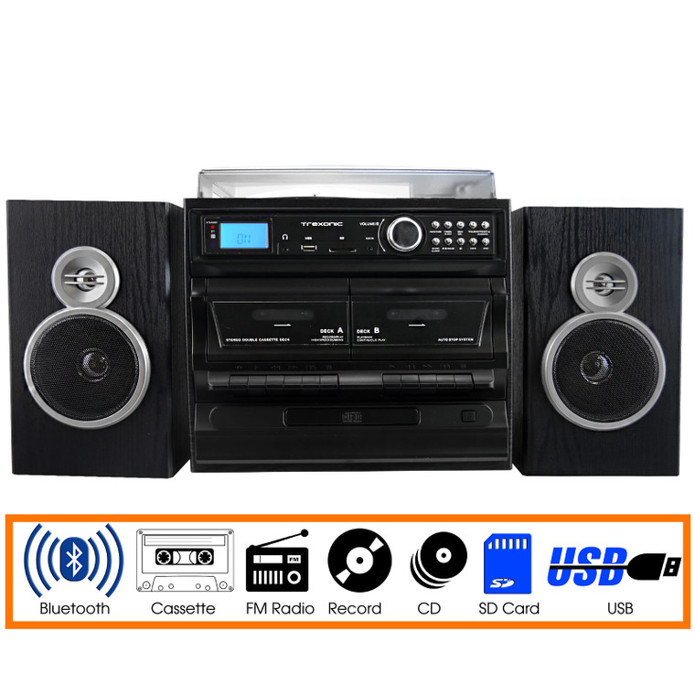 Trexonic 3-Speed Vinyl Turntable Home Stereo System with CD Player, Dual Cassette Player, Bluetooth D970-TRX-811BS