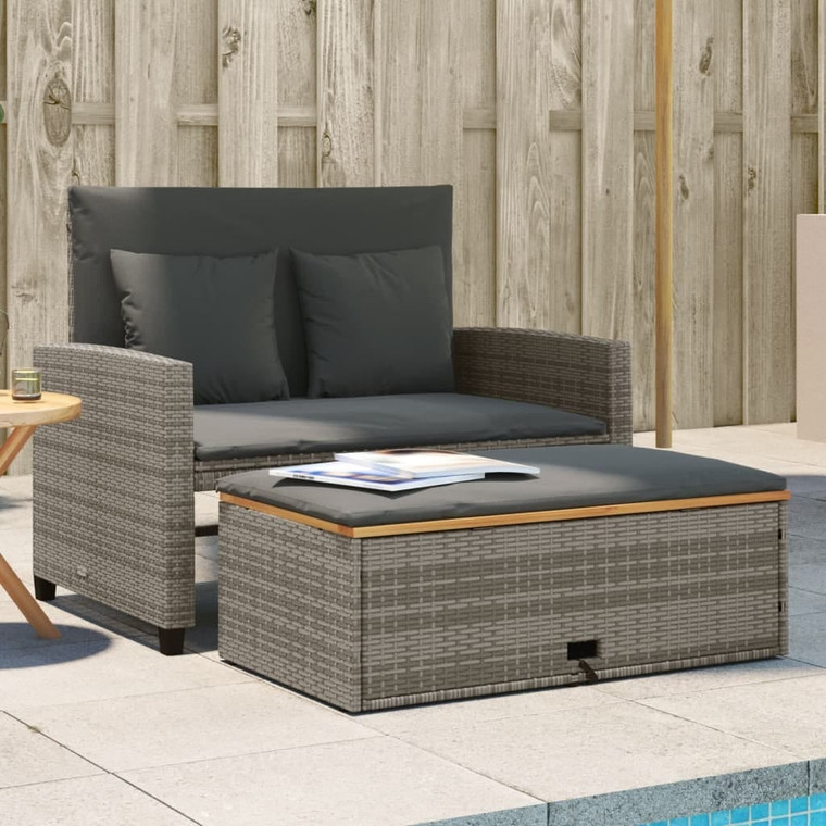  Patio Sofa with Cushions 2-Seater Gray Poly Rattan&Acacia Wood A949-365142