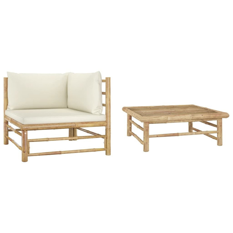  2 Piece Patio Lounge Set with Cream White Cushions Bamboo A949-313144