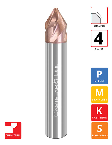 30° (60° Incl.) x 0.25"Ø x 0.176" LOC x 0.047" Tip Ø x 2.5" OAL - " Wide Chamfer - ALROC-S Coated - CMS4 4F Carbide Spiral Chamfer Mill