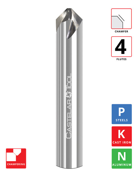45° (90° Incl.) x 0.375"Ø x 0.149" LOC x 0.078" Tip Ø x 2.5" OAL - " Wide Chamfer - Uncoated - CMS4 4F Carbide Spiral Chamfer Mill