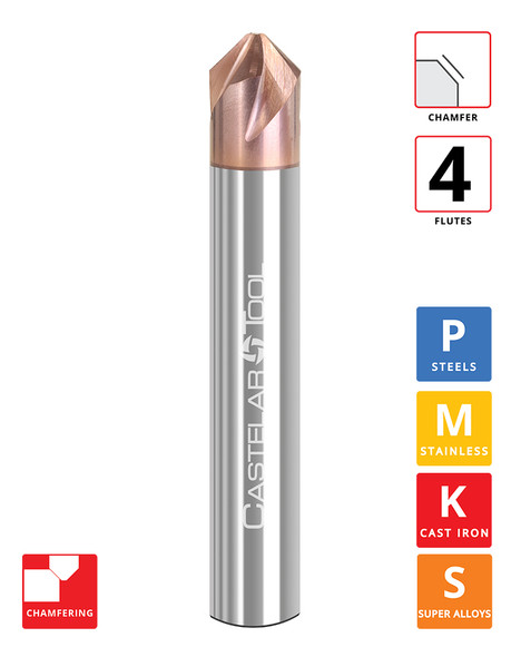 45° (90° Incl.) x 0.5"Ø x 0.204" LOC x 0.093" Tip Ø x 3" OAL - " Wide Chamfer - ALROC-S Coated - CMS4 4F Carbide Spiral Chamfer Mill