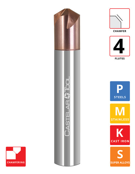 60° (120° Incl.) x 0.375"Ø x 0.086" LOC x 0.078" Tip Ø x 2.5" OAL - " Wide Chamfer - ALROC-S Coated - CMS4 4F Carbide Spiral Chamfer Mill