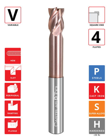 0.25"Ø x 0.375" LOC x 2.125"Reach x 4" OAL- Square End - ALROC-S Coated - V438 Reduced Neck 4F Carbide Variable End Mill