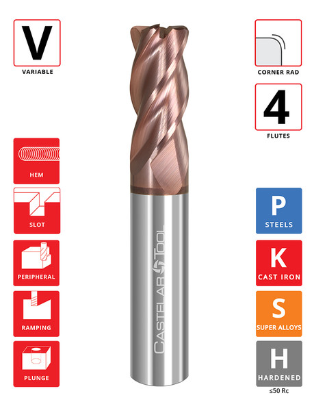 0.5"Ø x 0.625" LOC x 3" OAL - 0.03" Rad - ALROC-S Coated - V438 4F Carbide Variable End Mill