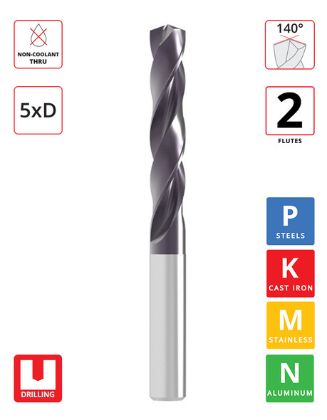 Ø 10.8mm x 56mm FL(5xD) UNI Series 2F Carbide Drill - Non-Coolant Thru