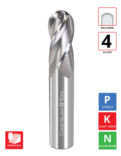 0.4724"Ø(12mm) x 25mm LOC x 76mm OAL- Ballnose - Uncoated - MG4 4F End Mill