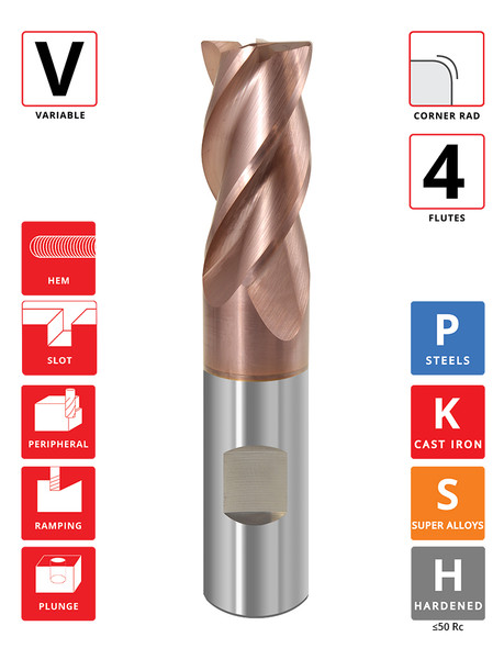 0.5"Øx 1" LOC x 3" OAL - 0.03" Rad - ALROC-S Coated - V438 4F Carbide Variable End Mill With Weldon Flat