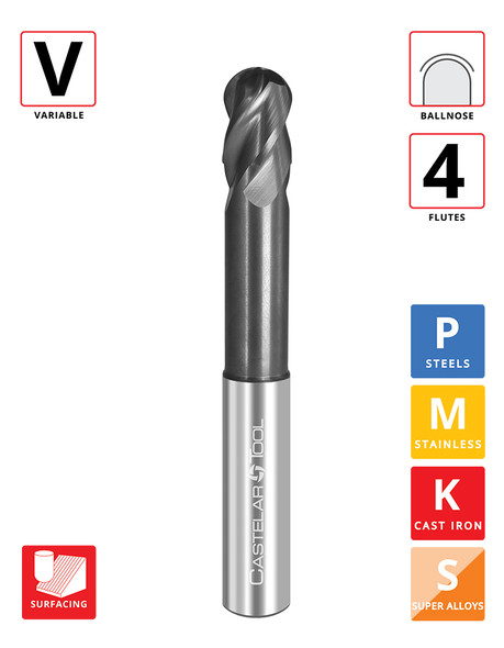 0.5"Ø x 0.625" LOC x 2.125"Reach x 4" OAL- Ballnose - ALROC+ Coated - GT4 Reduced Neck 4F Carbide Variable End Mill