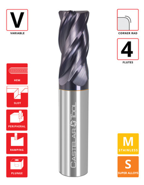 0.5"Øx 1.25" LOC x 4" OAL - 0.03" Rad - TiAlN Coated - Perfect Pitch 4 4F Carbide Variable End Mill