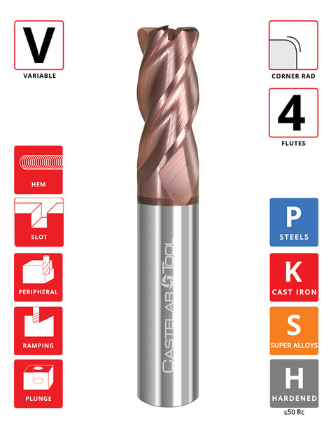 0.625"Ø x 1.25" LOC x 3.5" OAL - 0.03" Rad - ALROC-S Coated - V438 4F Carbide Variable End Mill