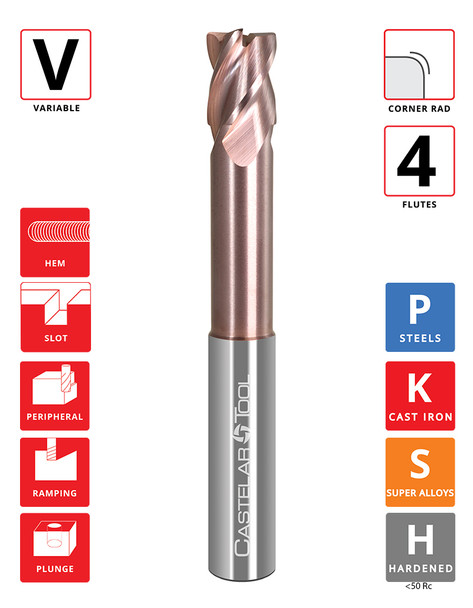 0.75"Ø x 1" LOC x 3.125"Reach x 6" OAL - 0.03" Rad - ALROC-S Coated - V438 Reduced Neck 4F Carbide Variable End Mill