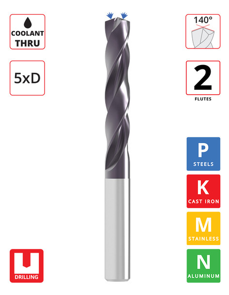 Ø 9.4mm x 49mm FL(5xD) UNI Series 2F Carbide Drill - Coolant Thru