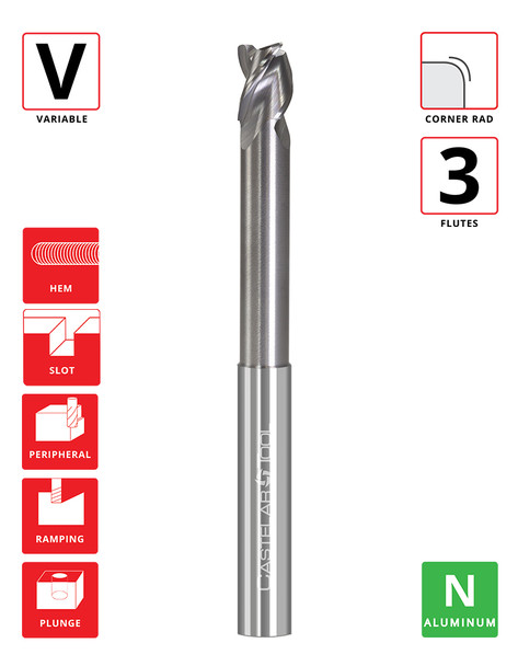 0.25"Ø x 0.375" LOC x 2.125"Reach x 4" OAL - 0.02" Rad - Uncoated - A340 Reduced Neck 3F Carbide Variable End Mill