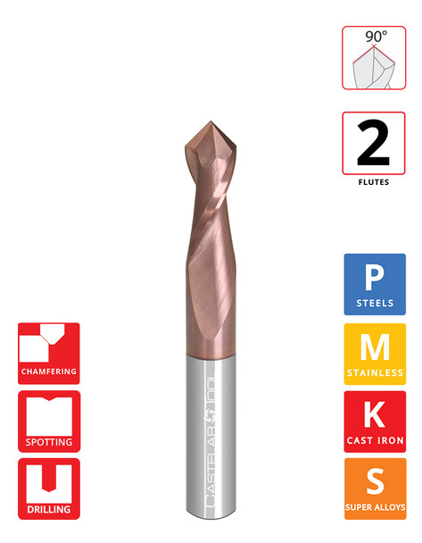 45° (90° Incl.) x 0.125"Ø x 0.5" LOC x 1.5" OAL - ALROC-S Coated - DM2 2F Carbide Drill Mill