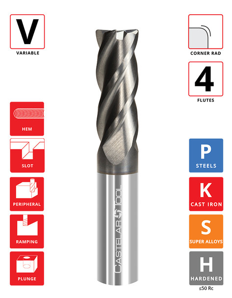 0.75"Ø x 1.5" LOC x 4" OAL - 0.03" Rad - ALROC+ Coated - GT4 Weldon Flat 4F Carbide Variable End Mill