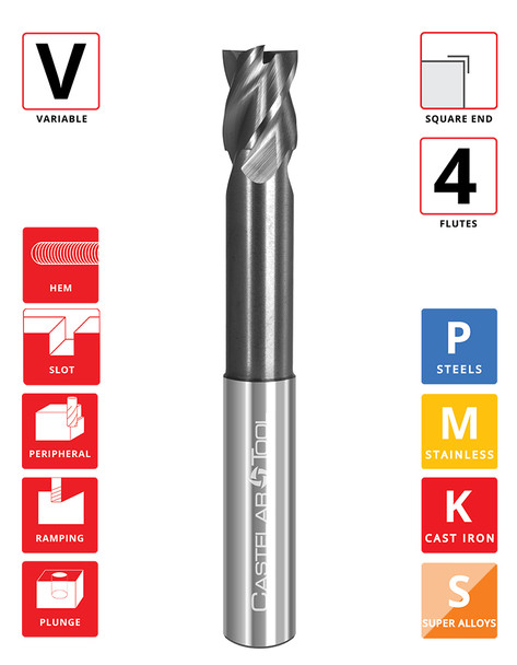 0.375"Ø x 0.5" LOC x 2.125"Reach x 4" OAL- Square End - ALROC+ Coated - GT4 Reduced Neck 4F Carbide Variable End Mill