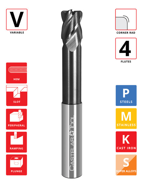 0.5"Ø x 0.625" LOC x 2.125"Reach x 4" OAL - 0.03" Rad - ALROC+ Coated - GT4 Reduced Neck 4F Carbide Variable End Mill