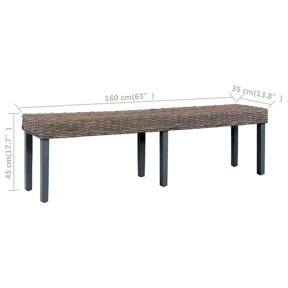 vidaXL Bench 63" Gray Natural Kubu Rattan and Solid Mango Wood