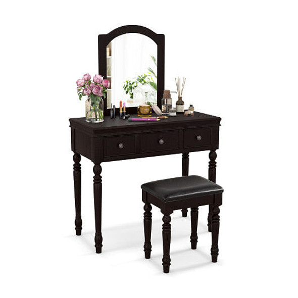 Makeup Vanity Table and Stool Set with Detachable Mirror and 3 Drawers Storage-Walnut - Color: Waln