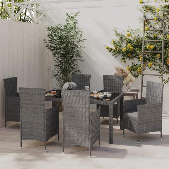 vidaXL 7 Piece Patio Dining Set with Cushions Poly Rattan Gray