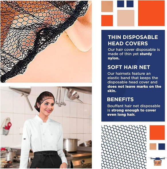 Black Nylon Hair Nets 21". Pack of 100 Disposable Hairnets Caps with Elastic Edge Mesh. Stretchable