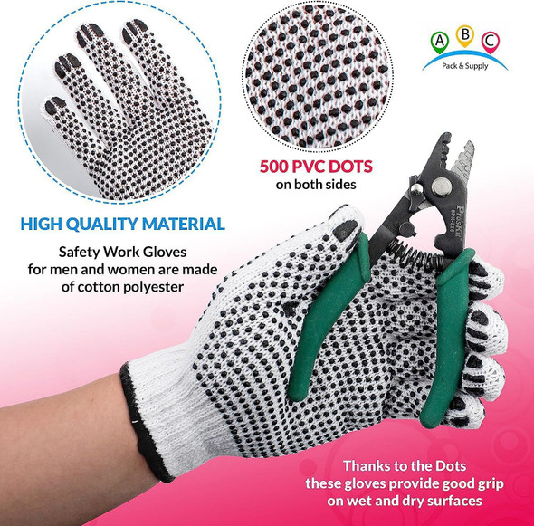 12 Pack PVC Double Side Dot String Gloves 10". String Knit Gloves with Plastic Dot Coating. Large S