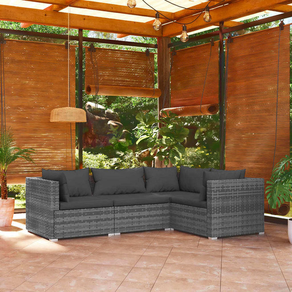 vidaXL 4 Piece Patio Lounge Set with Cushions Poly Rattan Gray A949-3101677