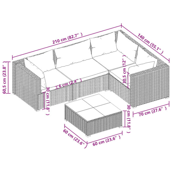 vidaXL 5 Piece Patio Lounge Set with Cushions Poly Rattan Brown A949-3101684