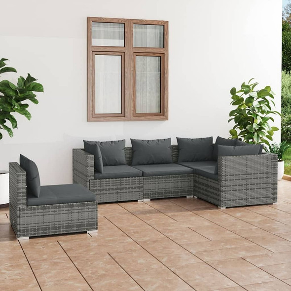 vidaXL 5 Piece Patio Lounge Set with Cushions Poly Rattan Gray A949-3102317