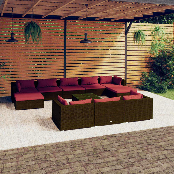 vidaXL 11 Piece Patio Lounge Set with Cushions Brown Poly Rattan A949-3102051