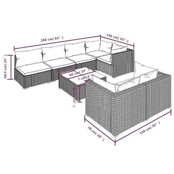 vidaXL 8 Piece Patio Lounge Set with Cushions Brown Poly Rattan A949-3102467