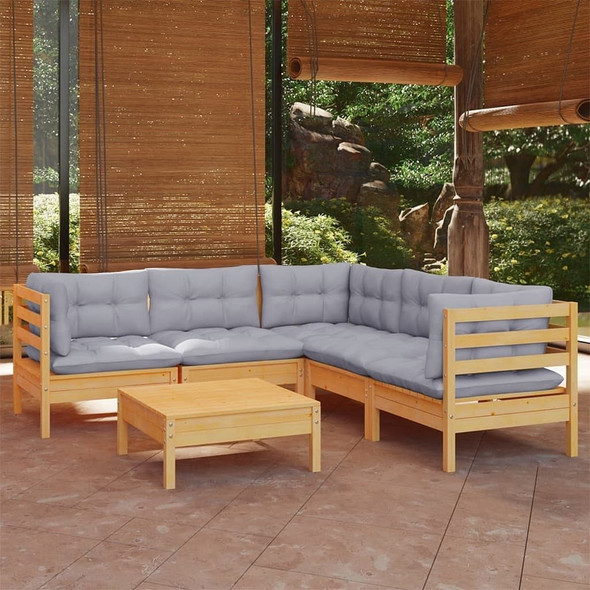 vidaXL 6 Piece Patio Lounge Set with Gray Cushions Solid Pinewood A949-3096676