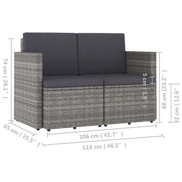 vidaXL 2-Seater Patio Sofa with Cushions Gray Poly Rattan A949-310492