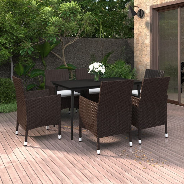 vidaXL 7 Piece Patio Dining Set with Cushions Poly Rattan and Glass A949-3099724