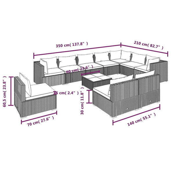 vidaXL 11 Piece Patio Lounge Set with Cushions Poly Rattan Black A949-3102599