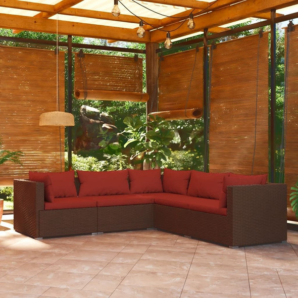 vidaXL 5 Piece Patio Lounge Set with Cushions Poly Rattan Brown A949-3101699