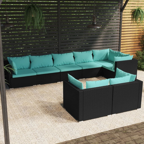 vidaXL 8 Piece Patio Lounge Set with Cushions Black Poly Rattan A949-3102481