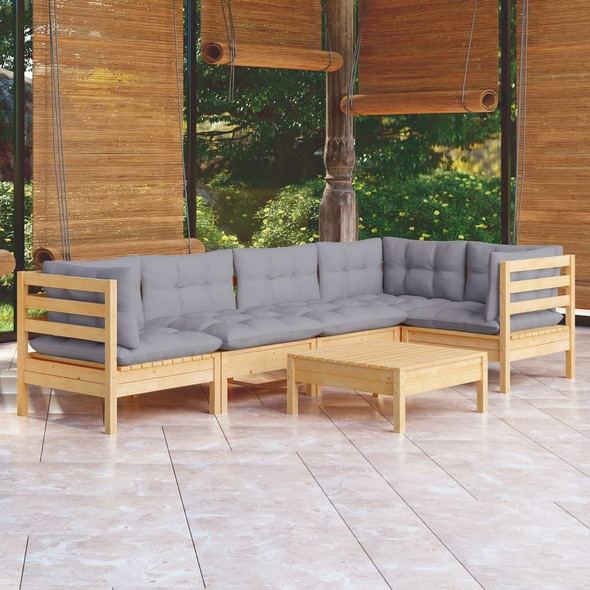 vidaXL 6 Piece Patio Lounge Set with Gray Cushions Pinewood A949-3096387