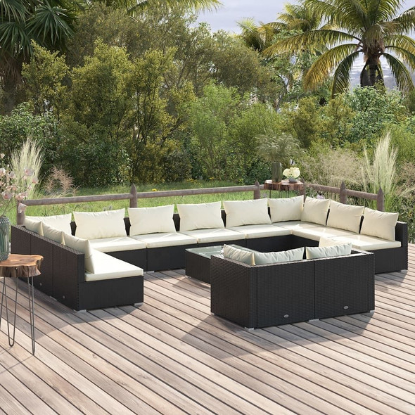 vidaXL 13 Piece Patio Lounge Set with Cushions Black Poly Rattan A949-3102095