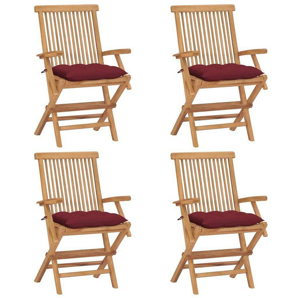 vidaXL Patio Chairs with Wine Red Cushions 4 pcs Solid Teak Wood A949-3065641