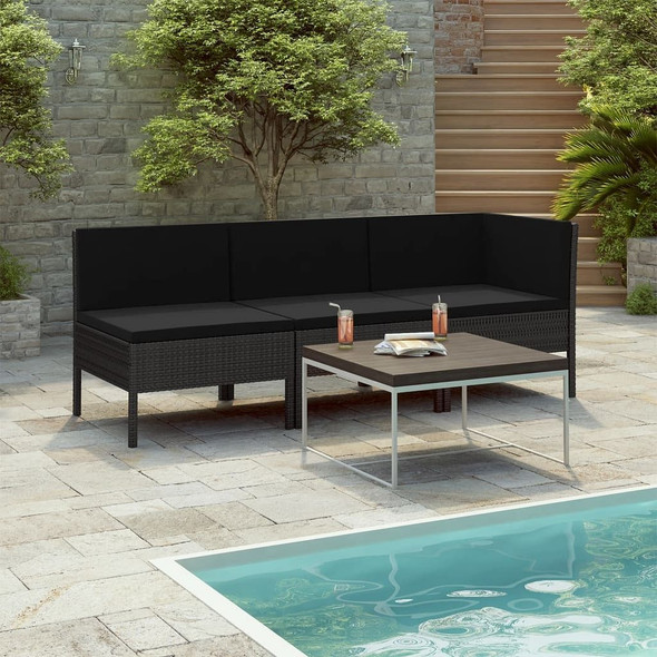 vidaXL 3 Piece Patio Lounge Set with Cushions Poly Rattan Black A949-310203