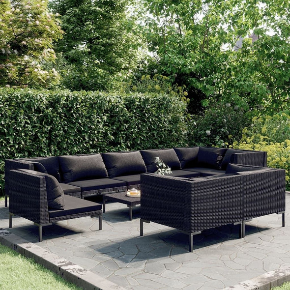 vidaXL 10 Piece Patio Lounge Set with Cushions Poly Rattan Dark Gray A949-3099875