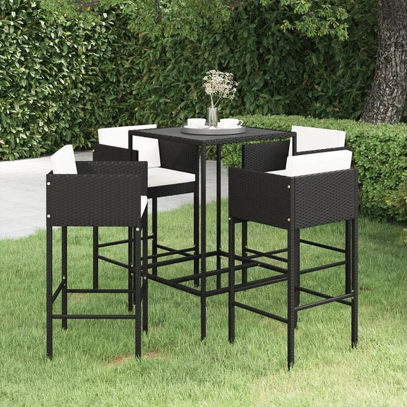 vidaXL 5 Piece Patio Bar Set with Cushions Poly Rattan Black A949-3094790