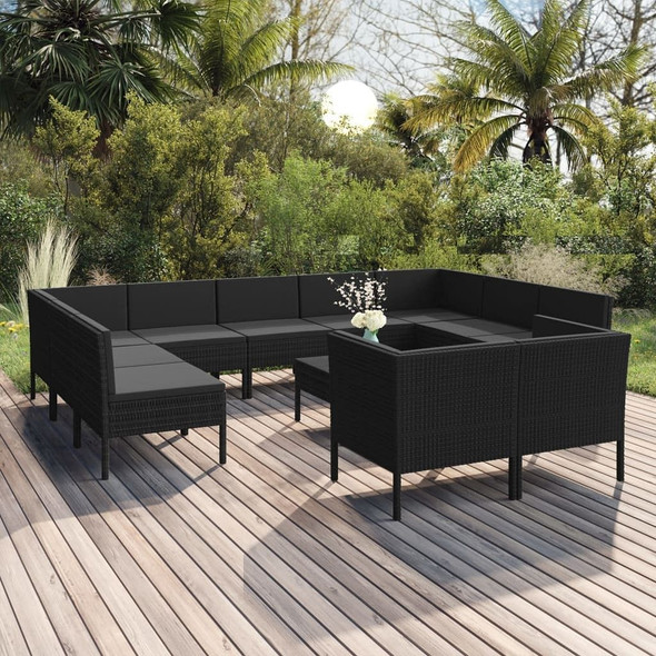 vidaXL 12 Piece Patio Lounge Set with Cushions Poly Rattan Black A949-3094621