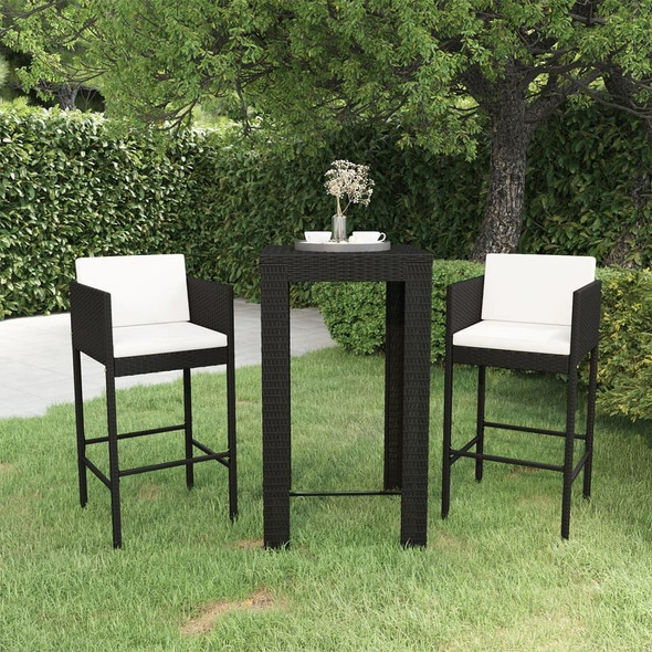 vidaXL 3 Piece Patio Bar Set with Cushions Poly Rattan Black A949-3094778