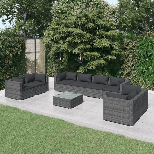 vidaXL 9 Piece Patio Lounge Set with Cushions Poly Rattan Gray A949-3102293