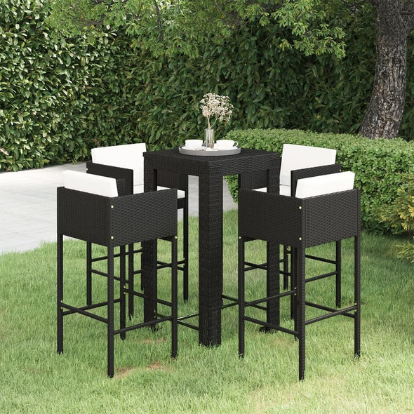 vidaXL 5 Piece Patio Bar Set with Cushions Poly Rattan Black A949-3094781